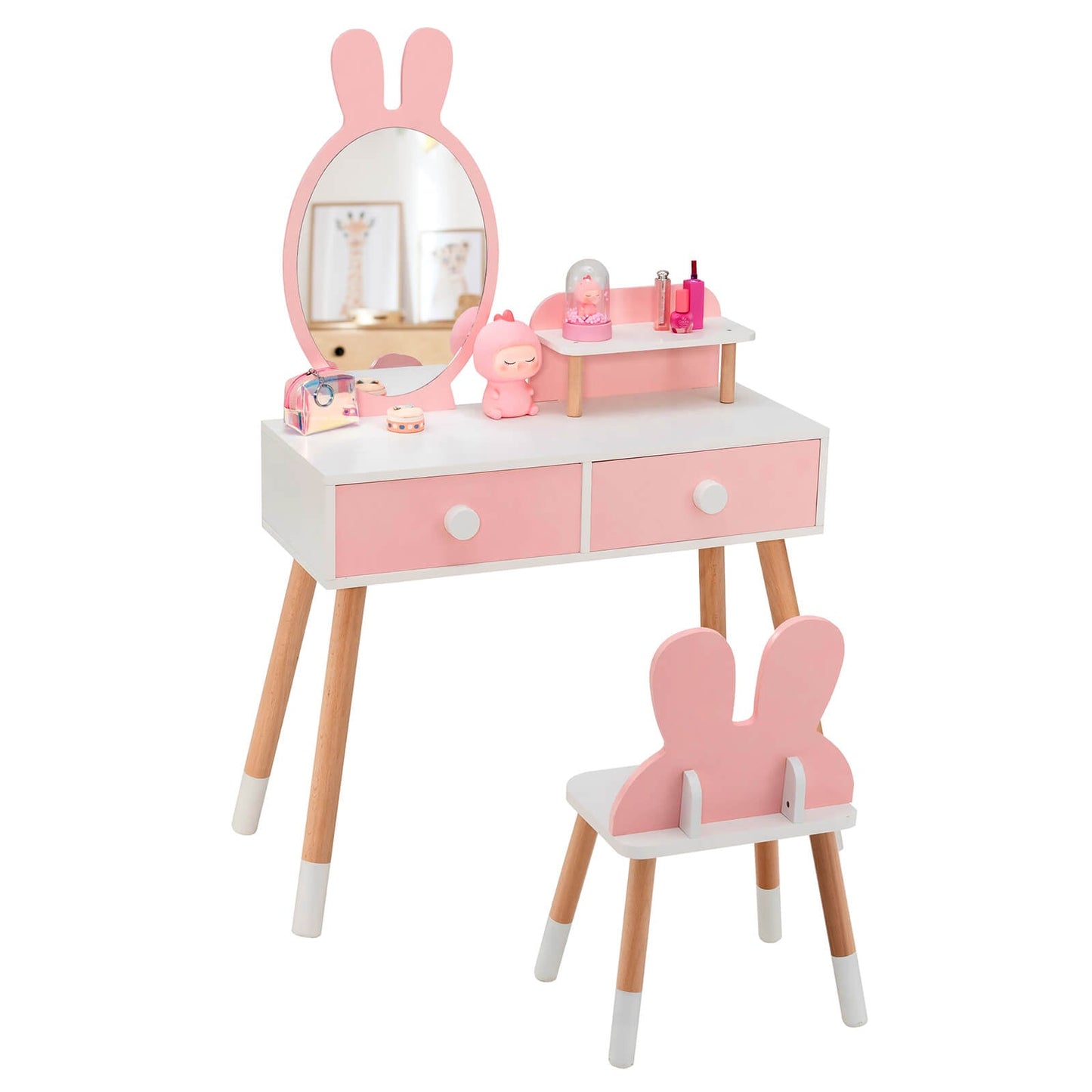Kids Pink Vanity Table and Chair Set with Rabbit Mirror