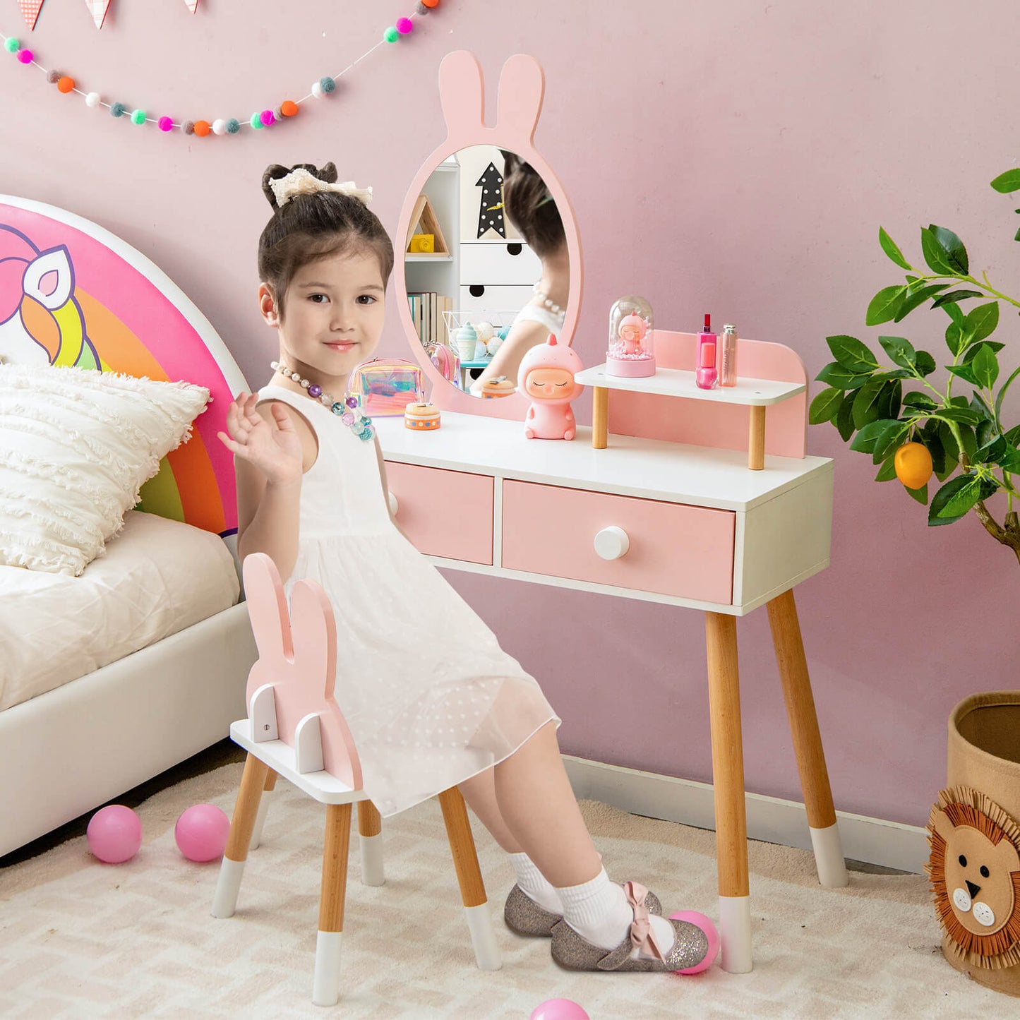 Kids Pink Vanity Table and Chair Set with Rabbit Mirror