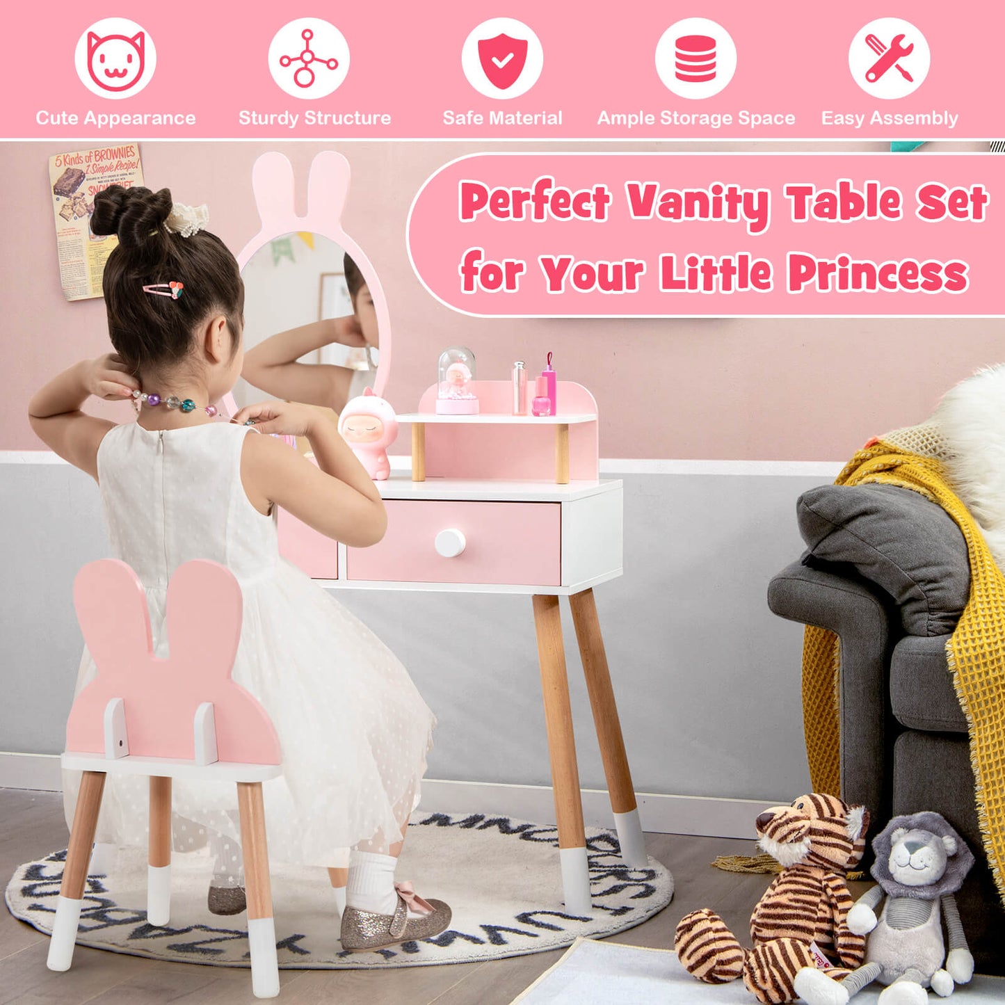 Kids Pink Vanity Table and Chair Set with Rabbit Mirror
