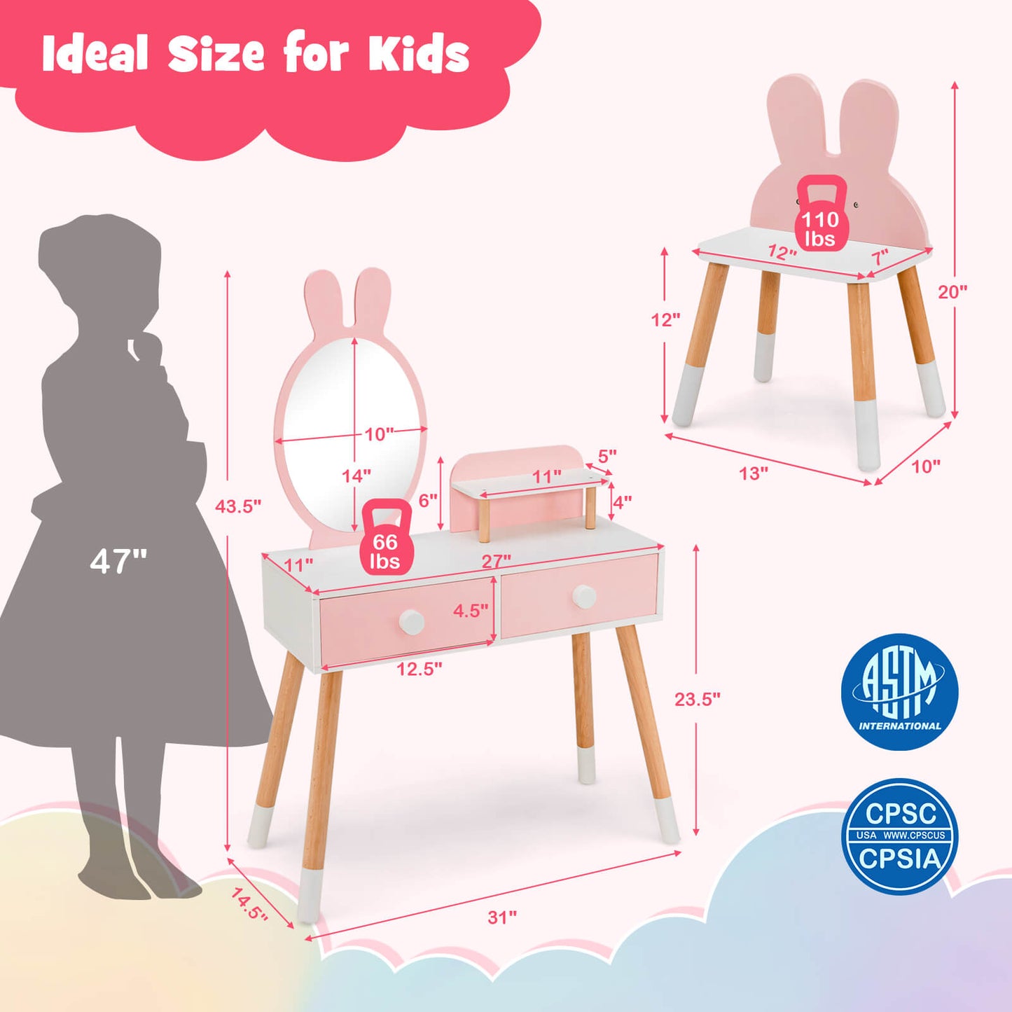 Kids Pink Vanity Table and Chair Set with Rabbit Mirror