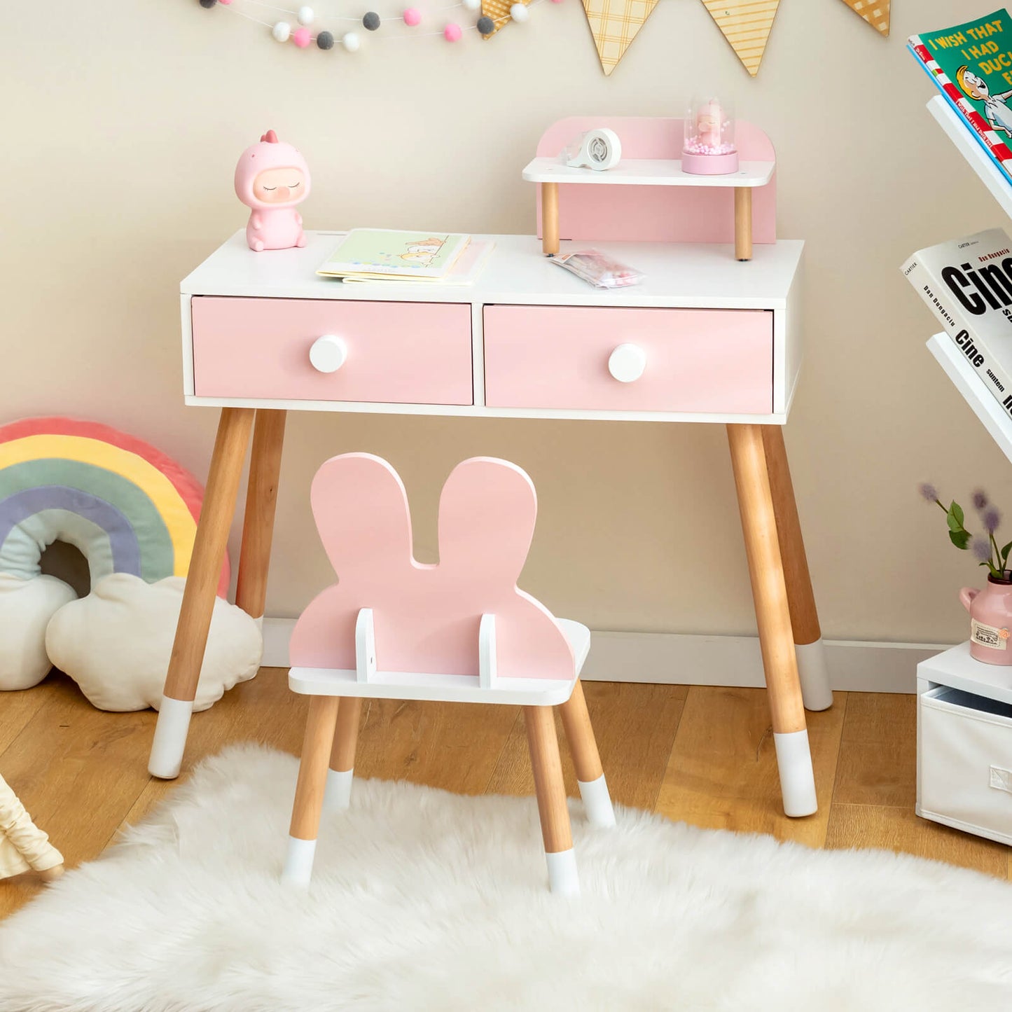 Kids Pink Vanity Table and Chair Set with Rabbit Mirror