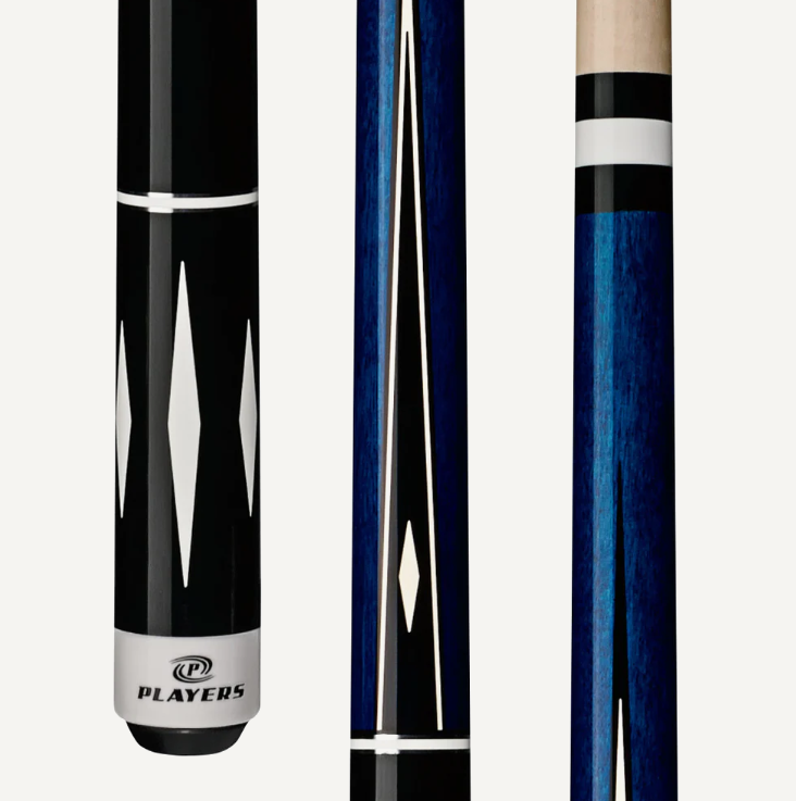 Players Deep Blue Maple Cue Stick with Black/White Overlays and Simulated Wrap - Korvel