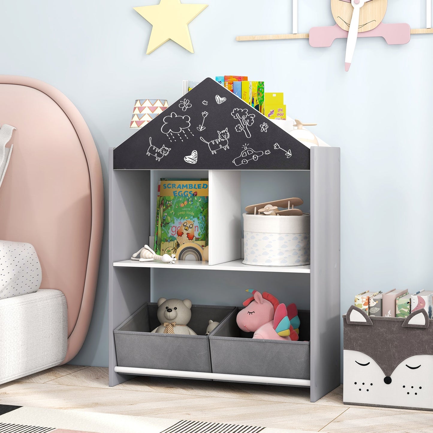 Bibliothèque pour enfants Playhouse avec tableau noir et tableau blanc - Gris