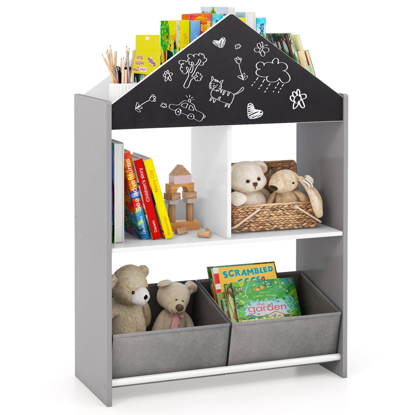 Bibliothèque pour enfants Playhouse avec tableau noir et tableau blanc - Gris