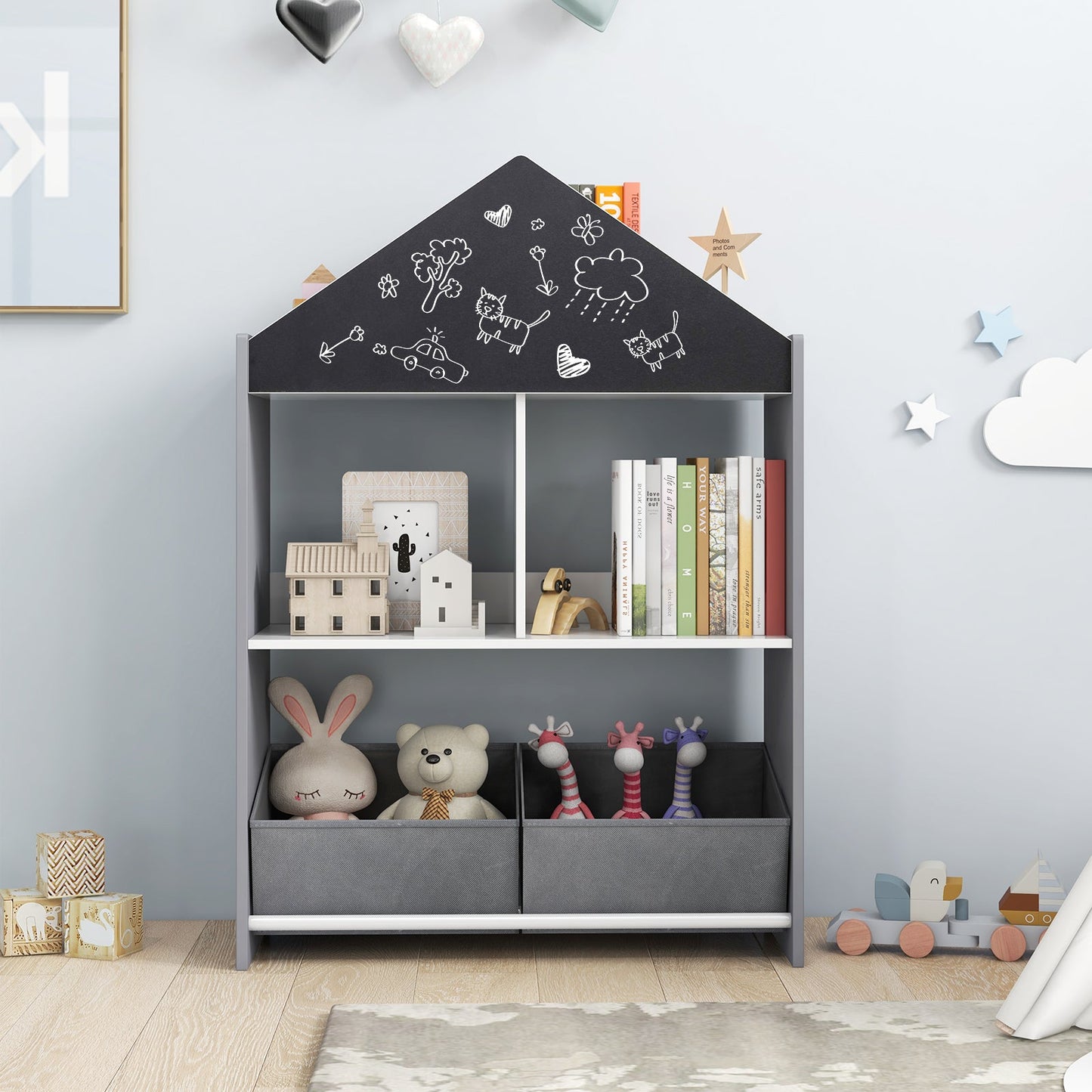 Bibliothèque pour enfants Playhouse avec tableau noir et tableau blanc - Gris