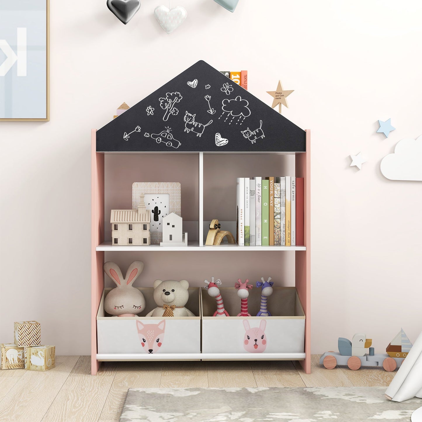 Bibliothèque pour enfants Gbruno Playhouse avec tableau noir - Rose