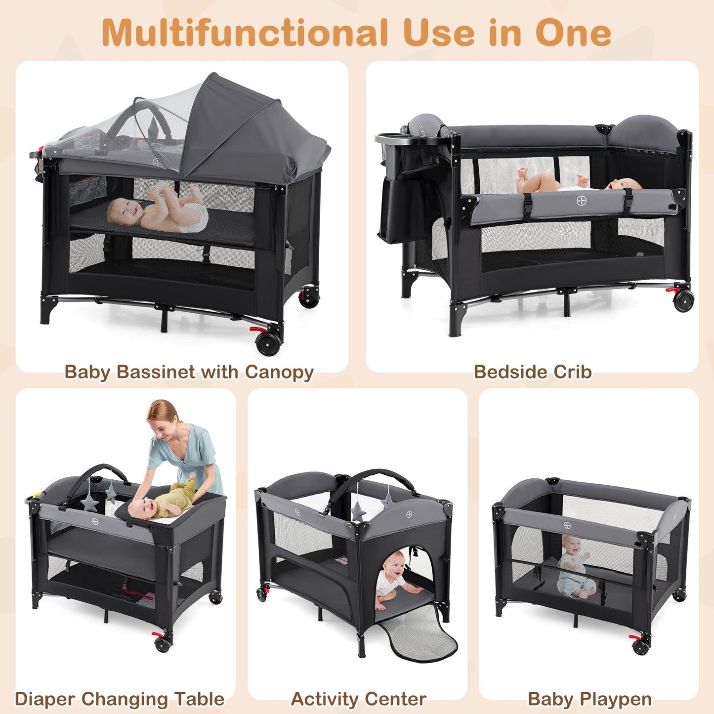 Berceau Pliable pour Bébé avec Hauteurs Ajustables - Noir