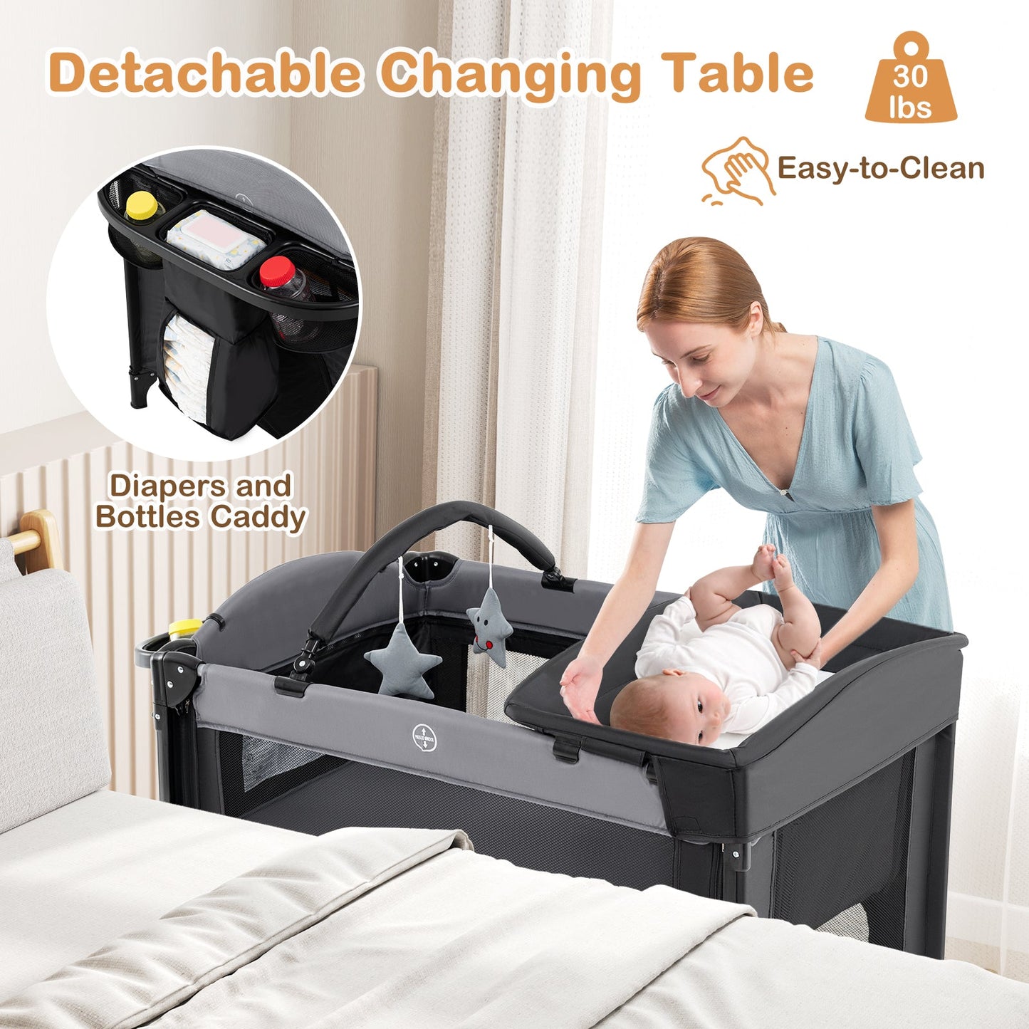 Berceau Pliable pour Bébé avec Hauteurs Ajustables - Noir