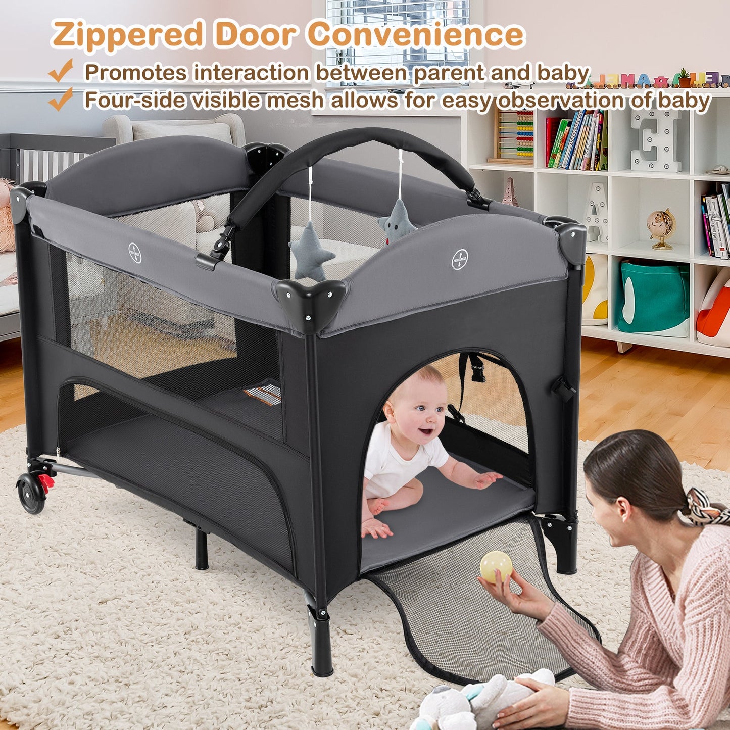 Berceau Pliable pour Bébé avec Hauteurs Ajustables - Noir