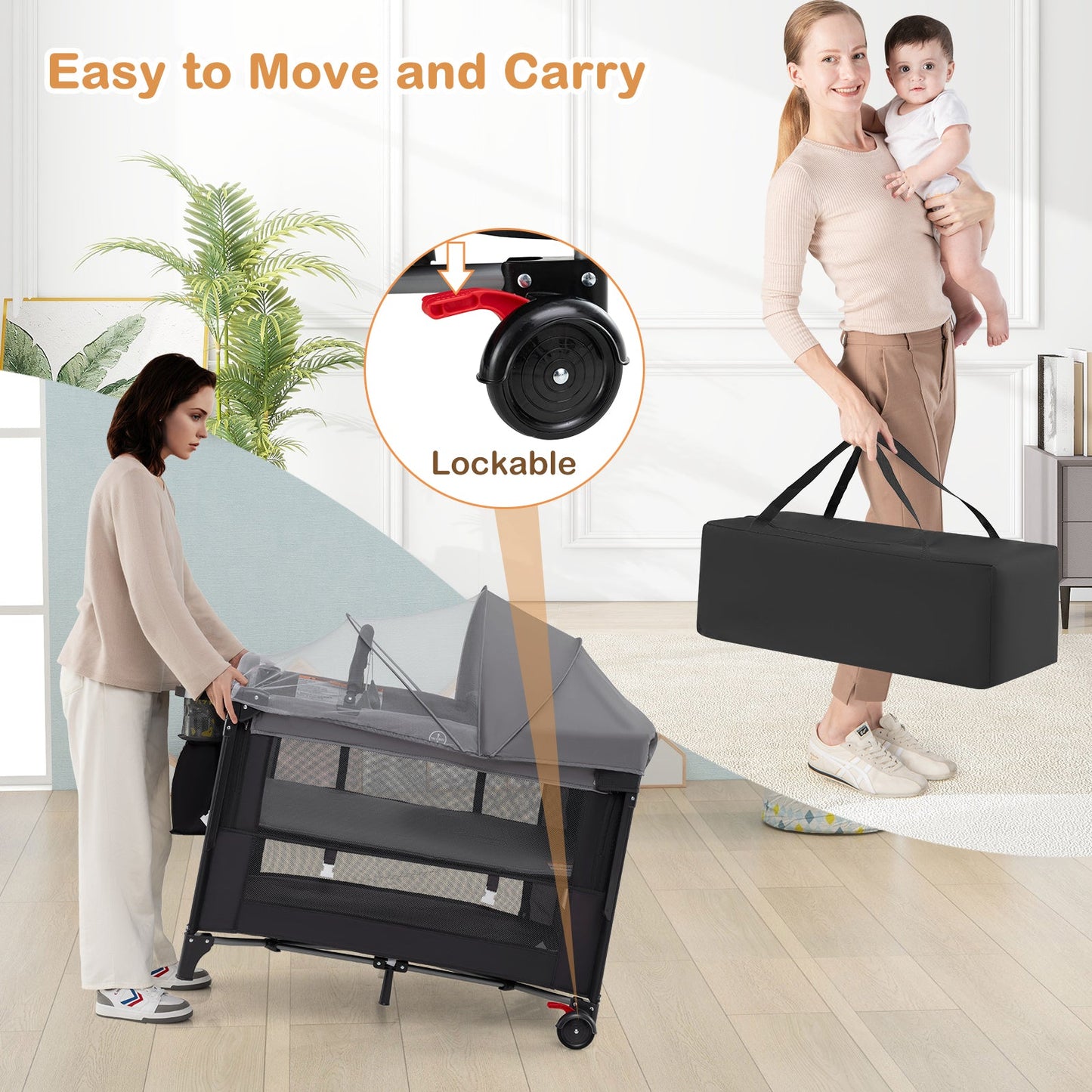 Cuna Plegable para Bebés con Alturas Ajustables y Colchón - Gris