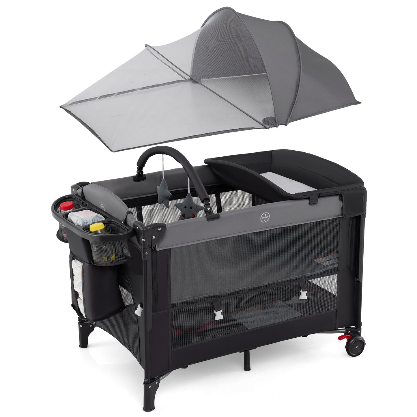 Cuna Plegable para Bebés con Alturas Ajustables y Colchón - Gris