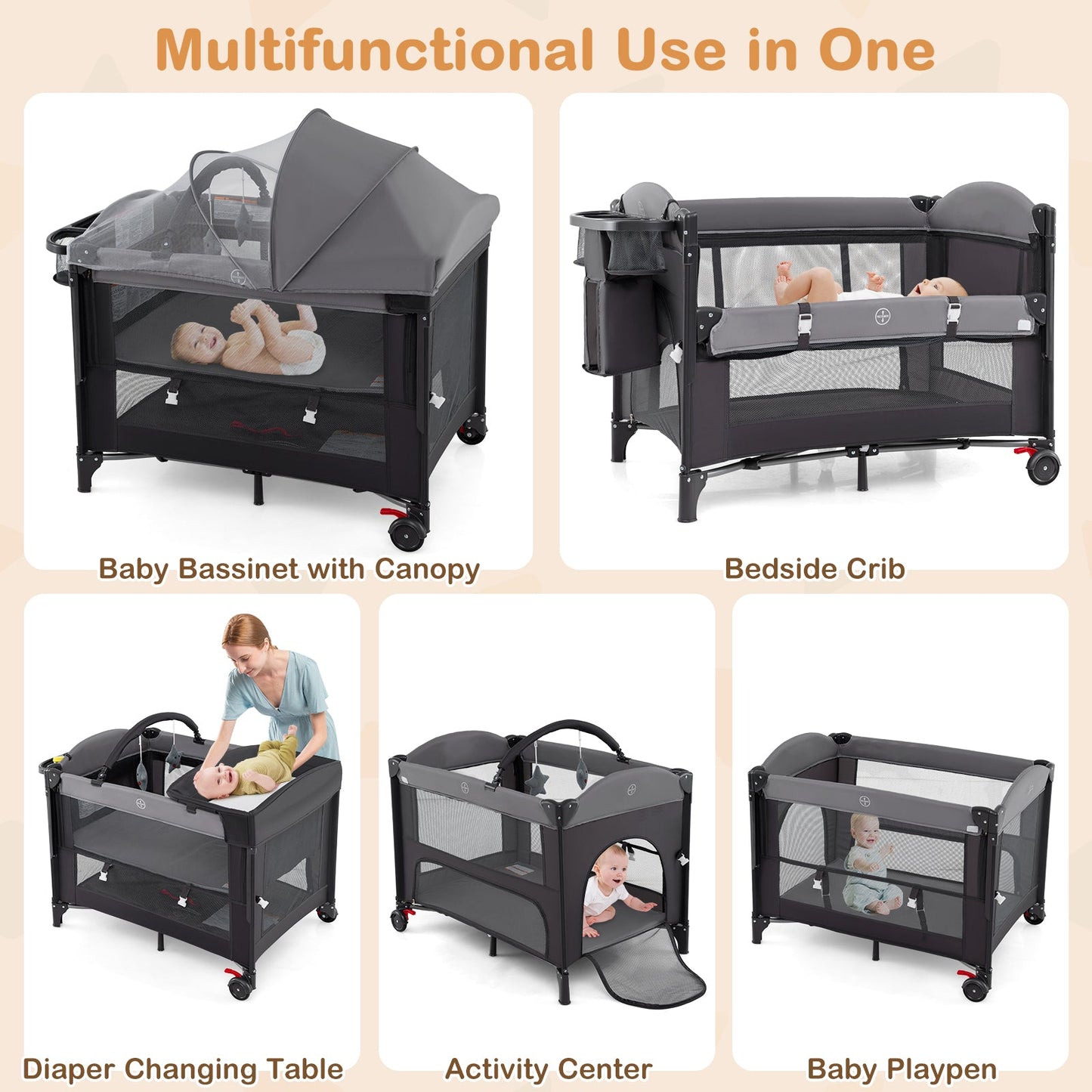 Cuna Plegable para Bebés con Alturas Ajustables y Colchón - Gris