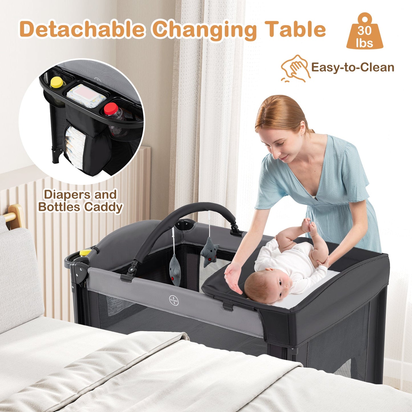 Cuna Plegable para Bebés con Alturas Ajustables y Colchón - Gris