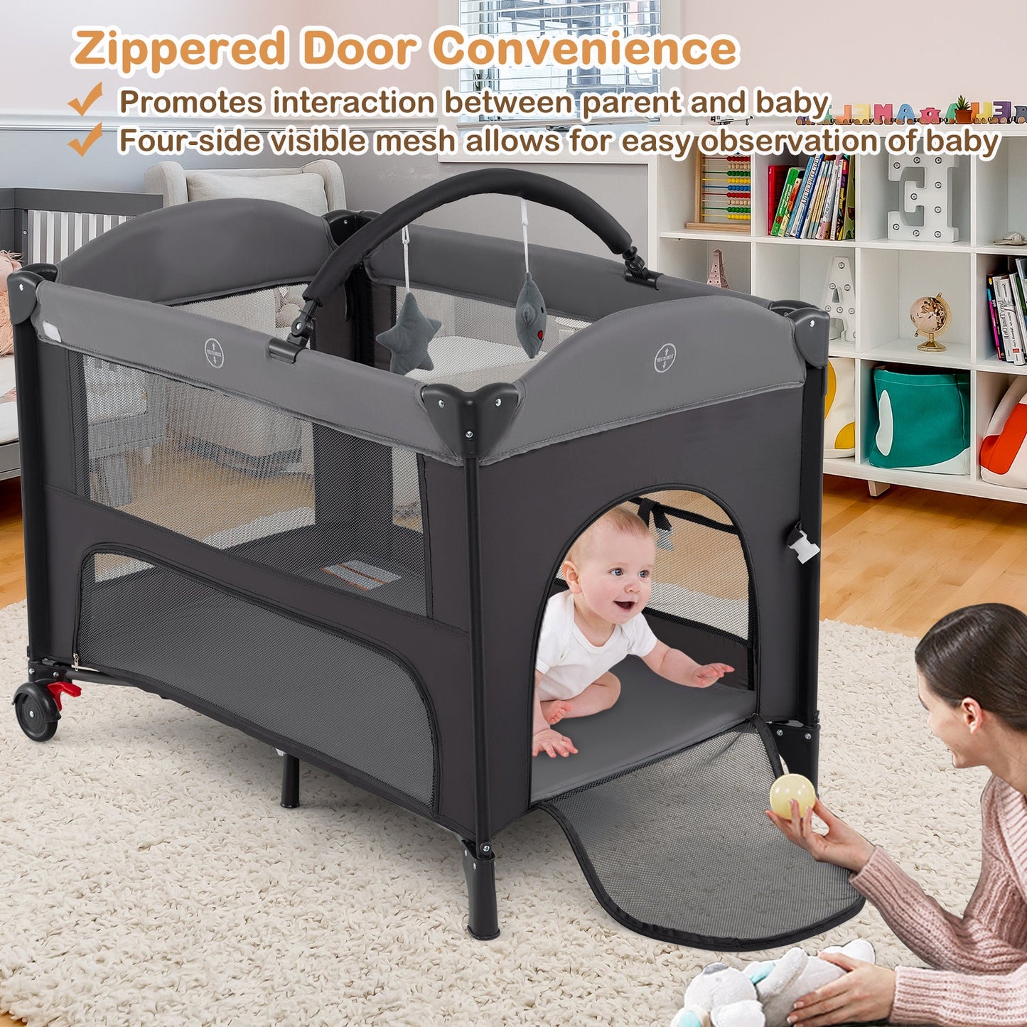 Cuna Plegable para Bebés con Alturas Ajustables y Colchón - Gris
