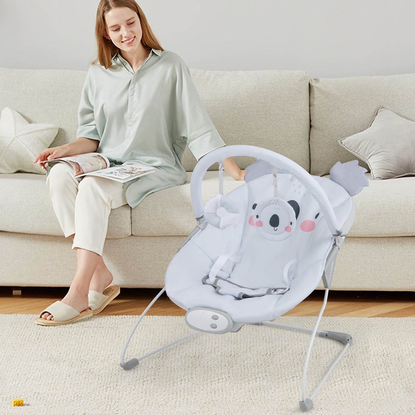 Asiento mecedor portátil para bebés con barra de juguetes desmontable - Gris
