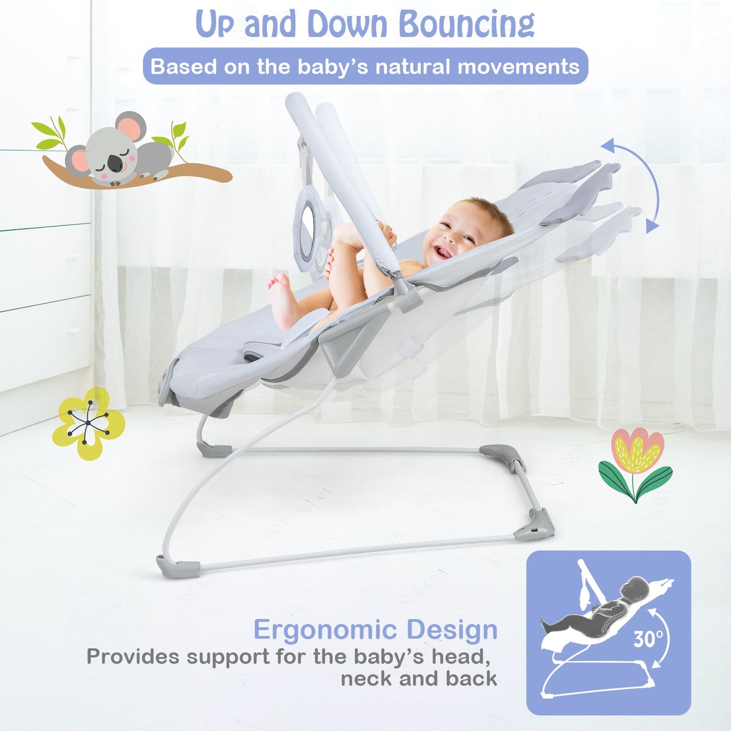 Asiento mecedor portátil para bebés con barra de juguetes desmontable - Gris