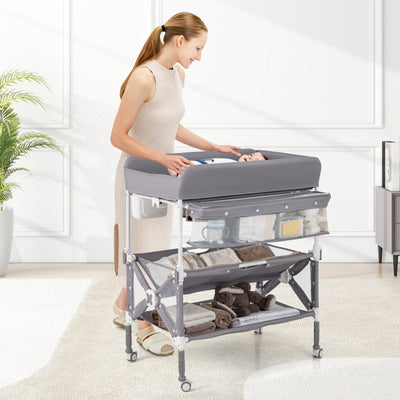 Portable Baby Changing Table with Wheels and Storage - Gray