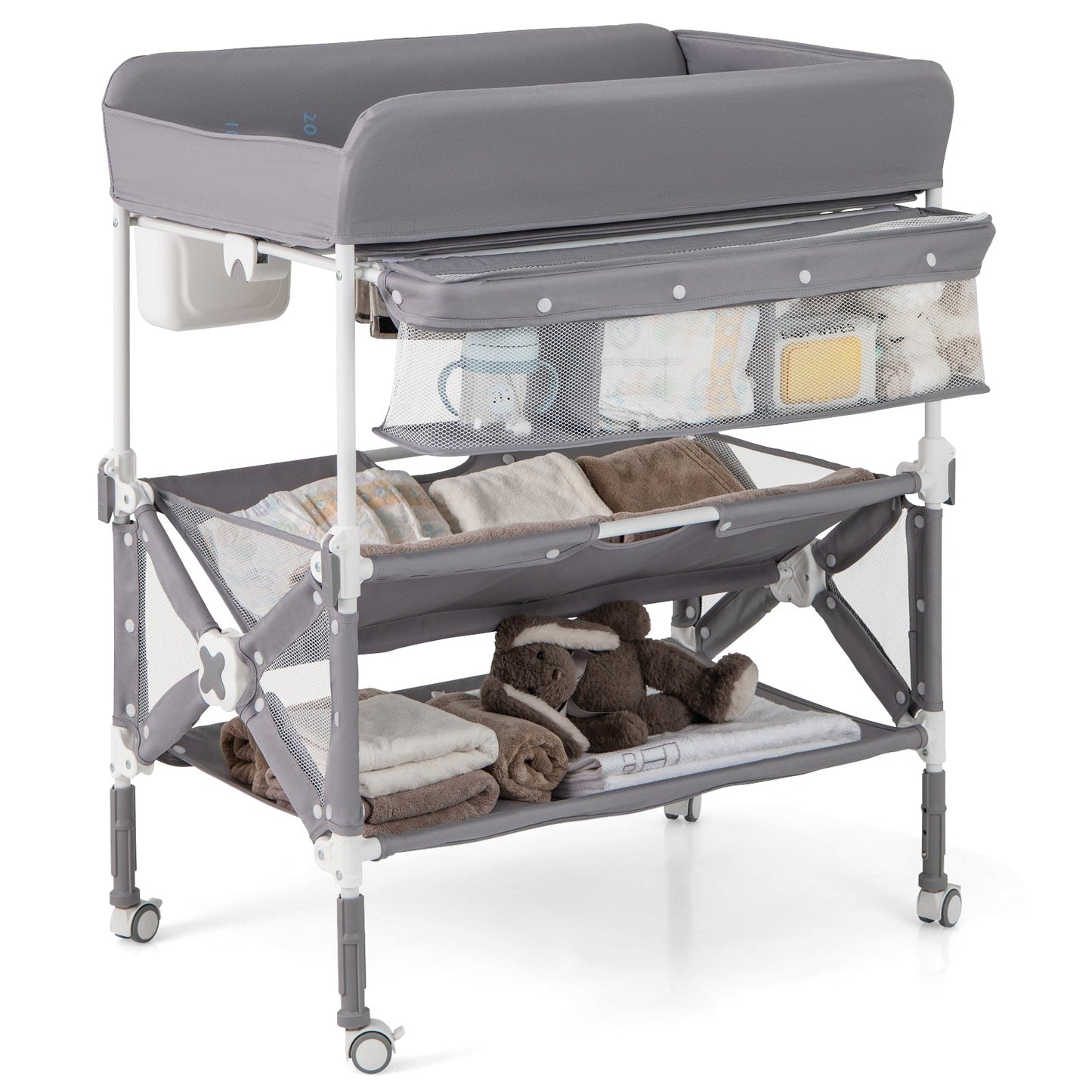 Mesa de Cambio de Bebé Portátil con Ruedas y Almacenamiento - Gris