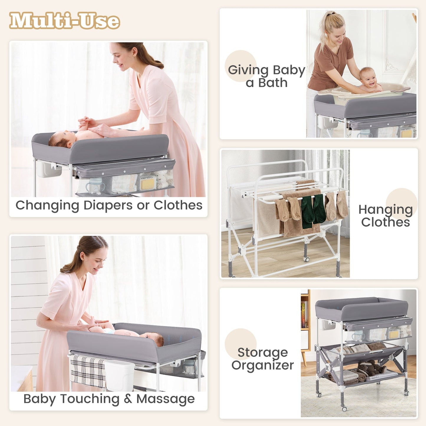 Mesa de Cambio de Bebé Portátil con Ruedas y Almacenamiento - Gris
