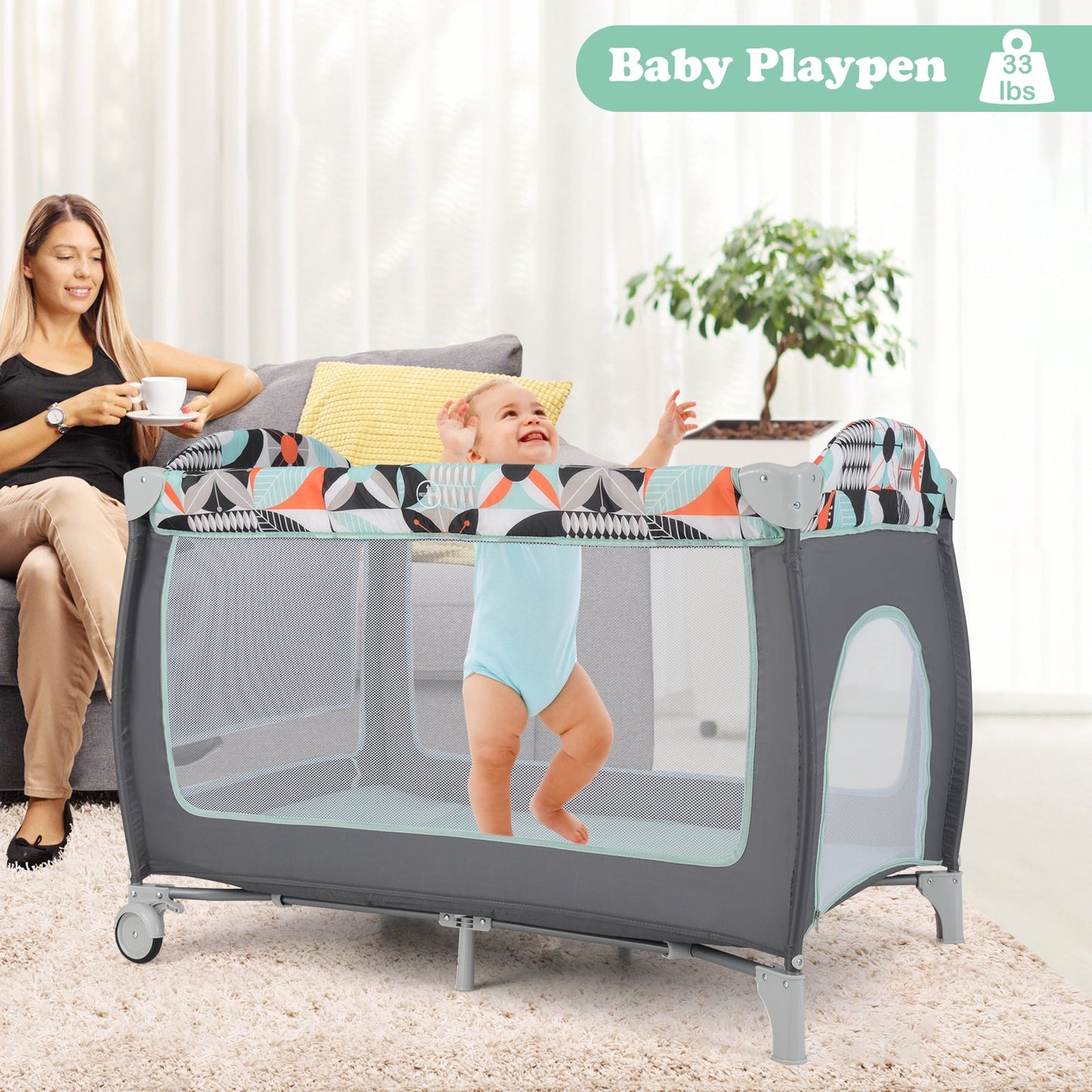 Parc pour bébé portable 3-en-1 avec porte zippée - Bleu