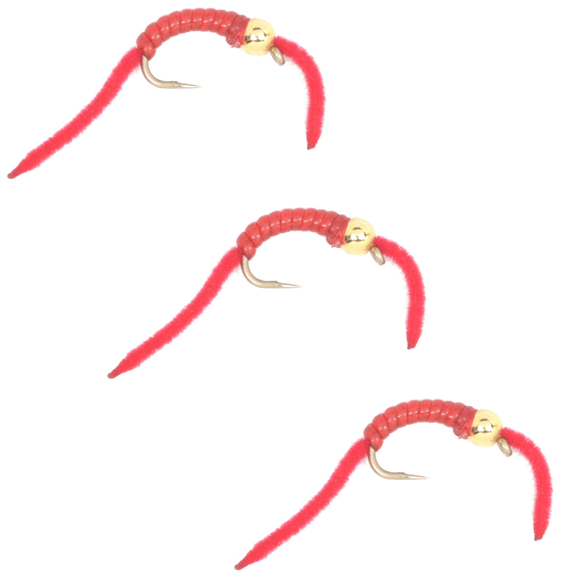 3 Pack San Juan Power Worms - Gold Bead Head Red V-Rib, Size 10 - Korvel