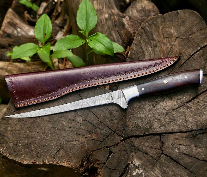 Artisan Crafted Damascus Steel Fillet Knife – 13” Rosewood Grip - Korvel