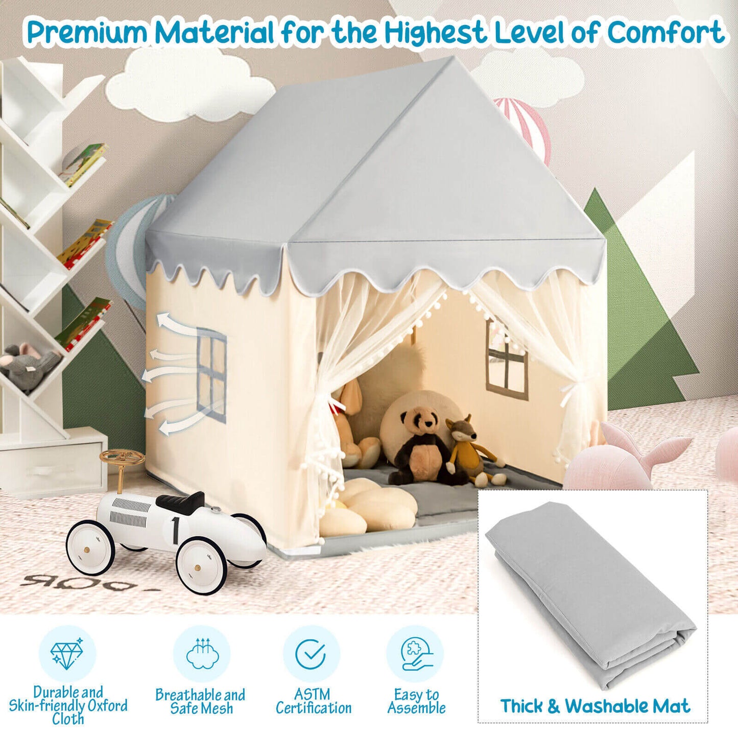 Kids Large Play Castle Fairy Tent with Mat - Beige