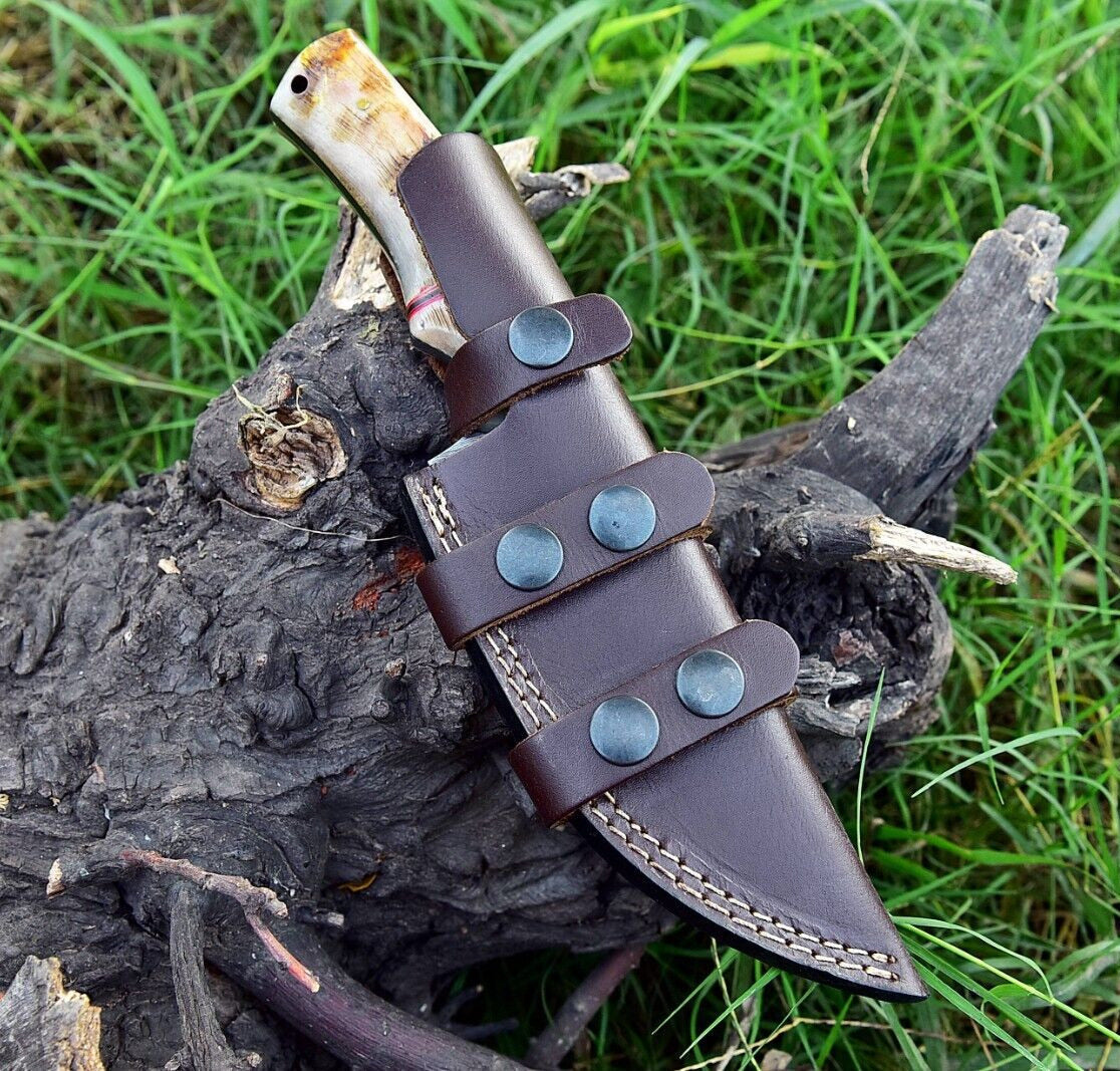 Artisan Damascus Steel Skinner Knife with Unique Sheep Horn Handle – 4.5" Blade - Korvel