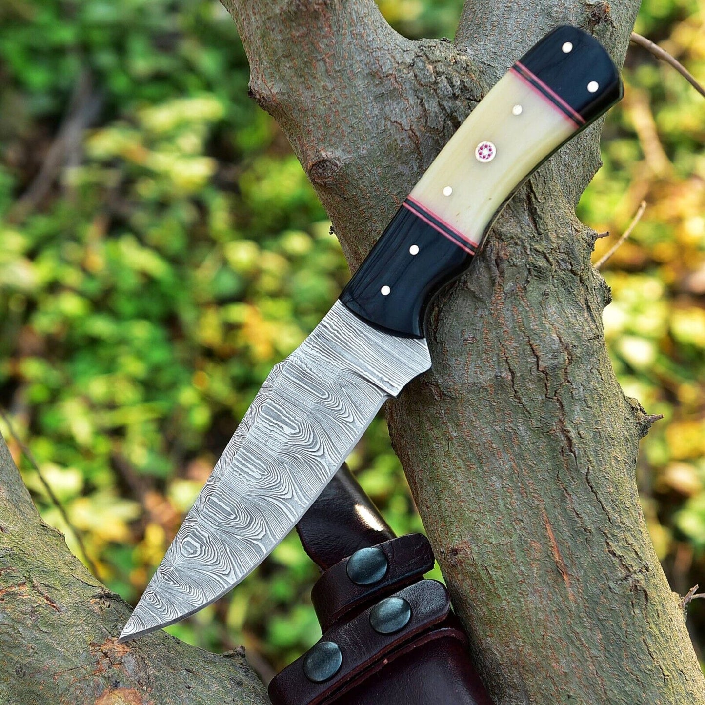 Premium Custom Skinning Knife Set - 4.5" Damascus Blade with Camel Bone & Resin Handle - Korvel
