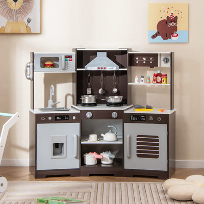 Wooden Pretend Play Kitchen Set with Real Sounds & Lights