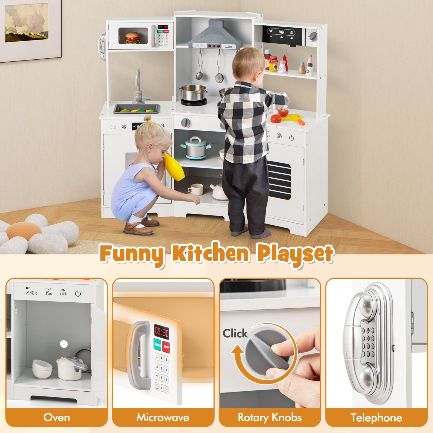 Wooden Pretend Play Kitchen Set with Real Sounds and Lights
