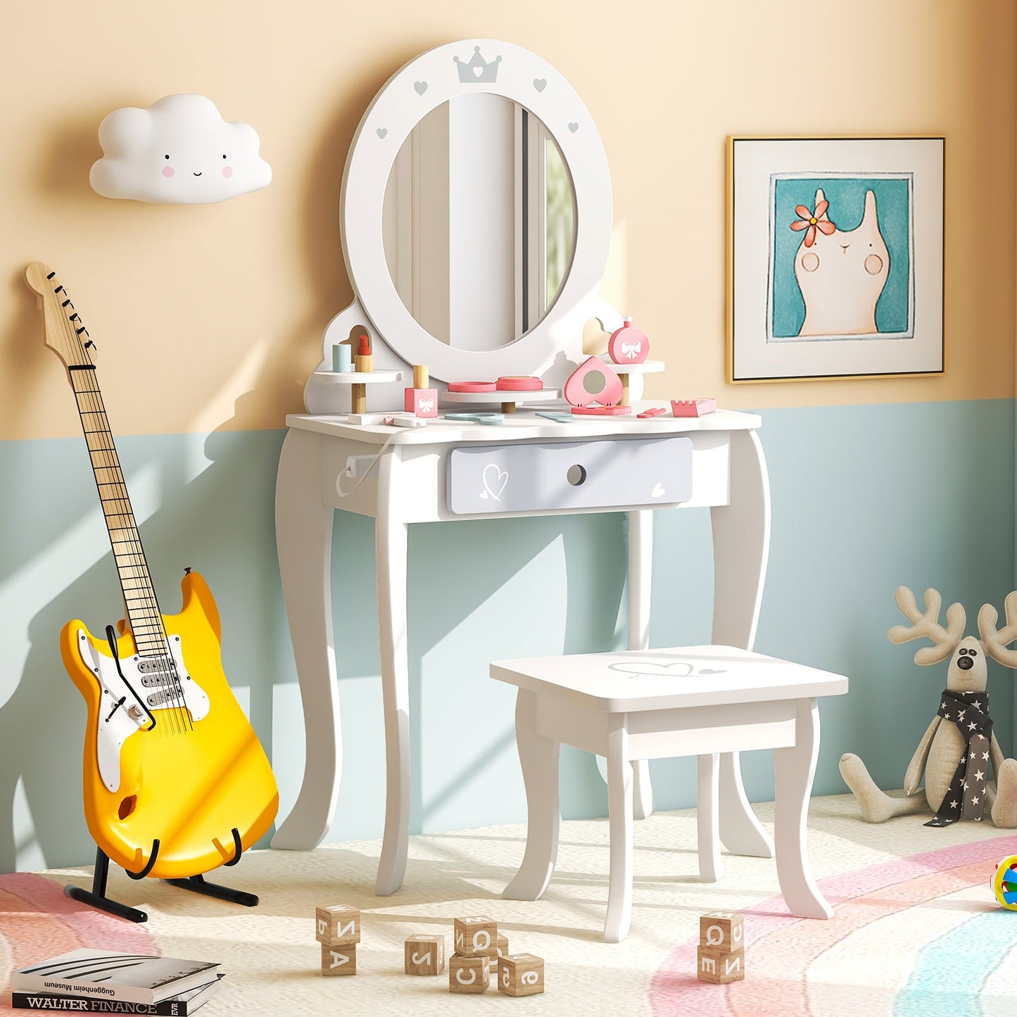 Kids 2-in-1 Princess Makeup Table and Chair Set - White
