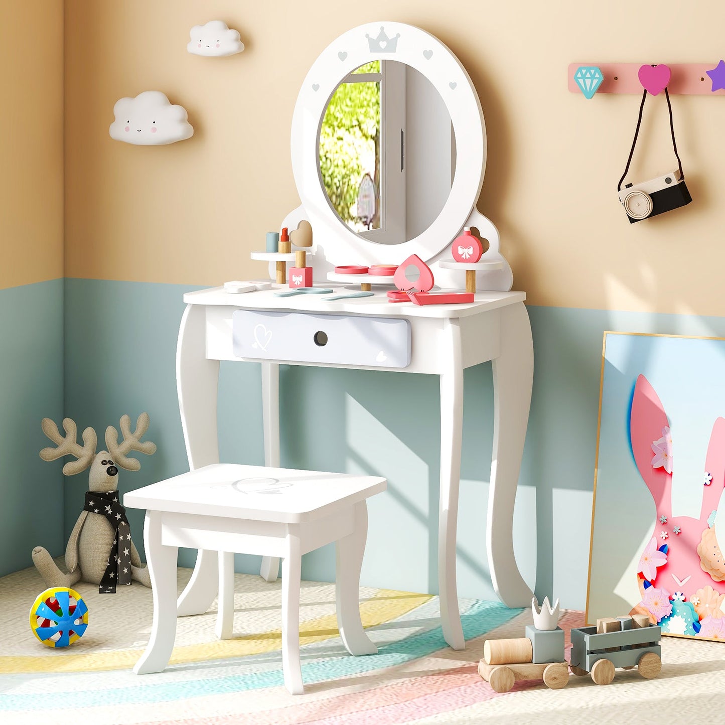 Kids 2-in-1 Princess Makeup Table and Chair Set - White