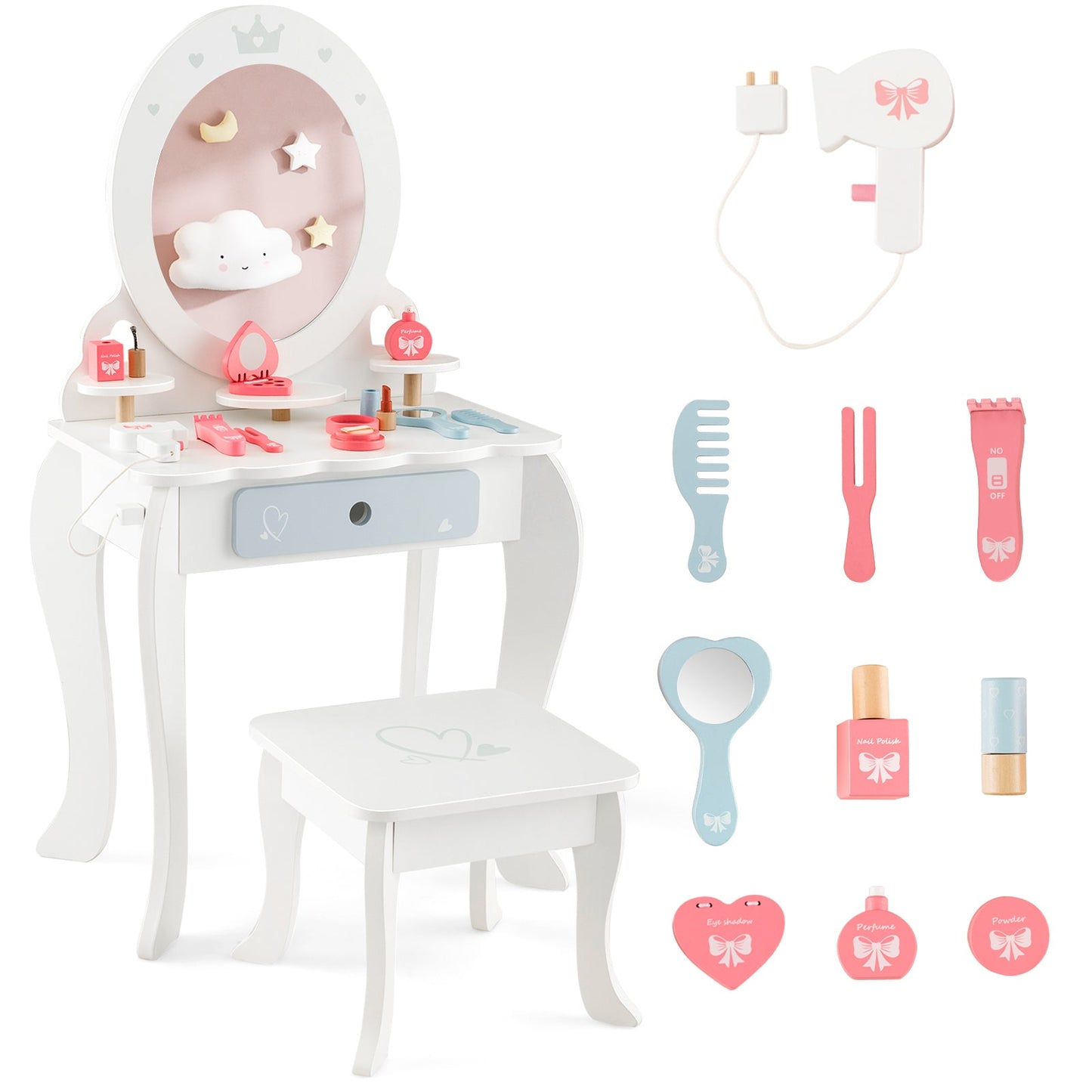 Kids 2-in-1 Princess Makeup Table and Chair Set - White
