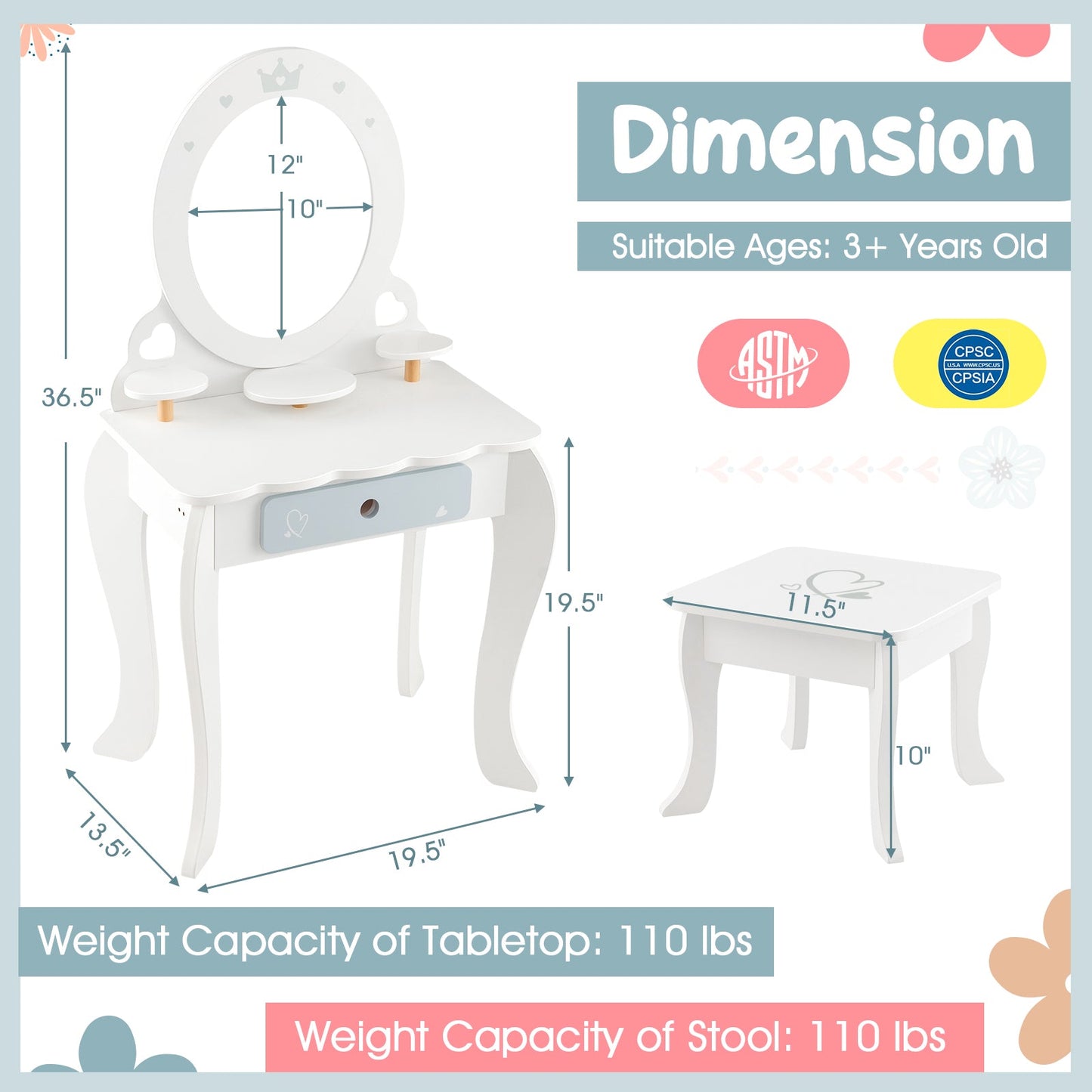 Kids 2-in-1 Princess Makeup Table and Chair Set - White