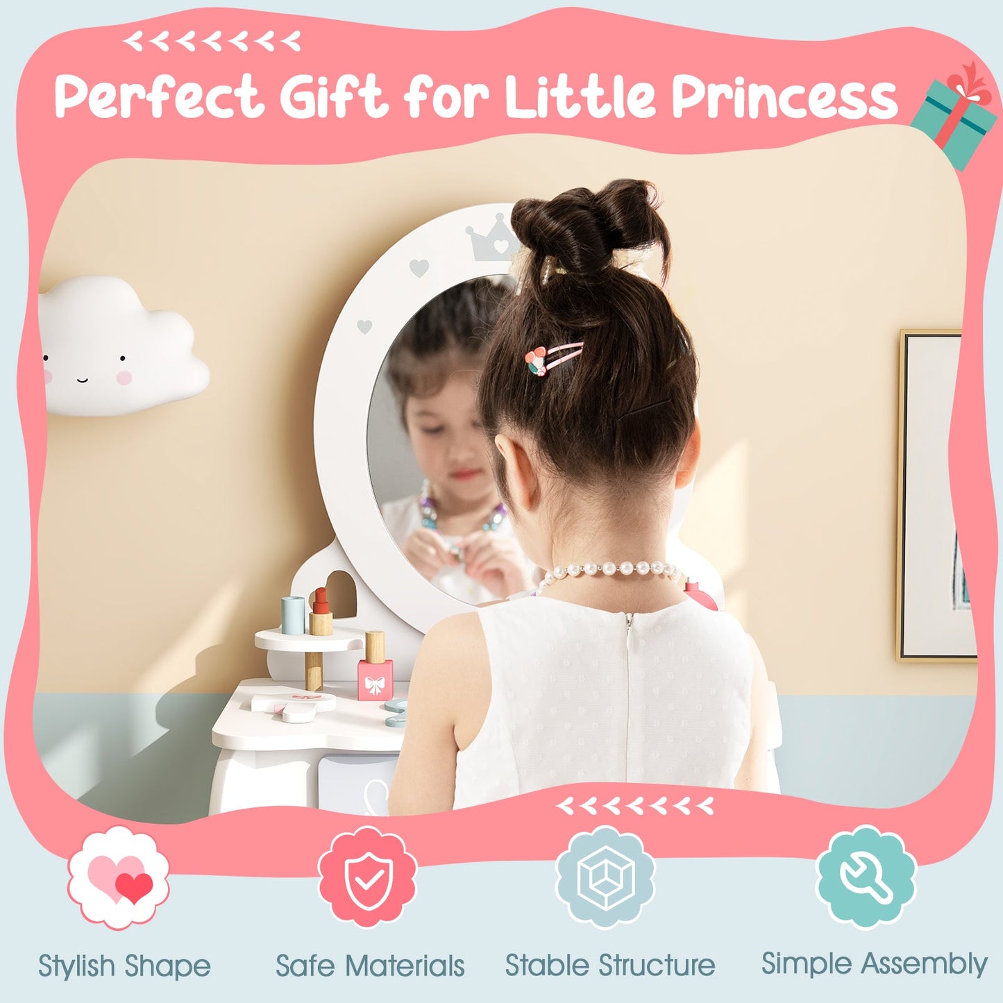 Kids 2-in-1 Princess Makeup Table and Chair Set - White
