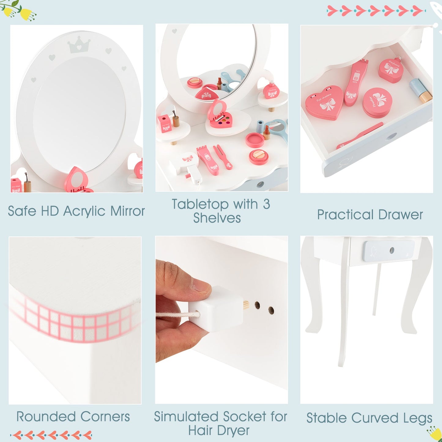Kids 2-in-1 Princess Makeup Table and Chair Set - White