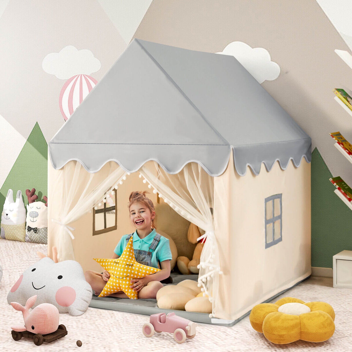 Kids Large Play Castle Fairy Tent with Mat - Beige