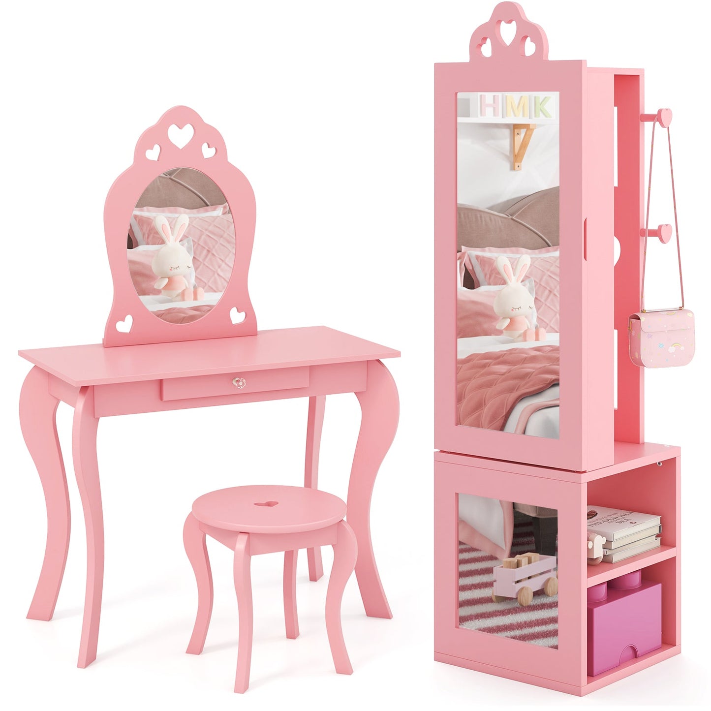 Conjunto de Mesa de Tocador y Taburete de Princesa - Joyería Rosa