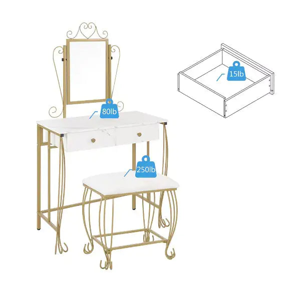 Ensemble de coiffeuse blanche élégante avec miroir et tabouret