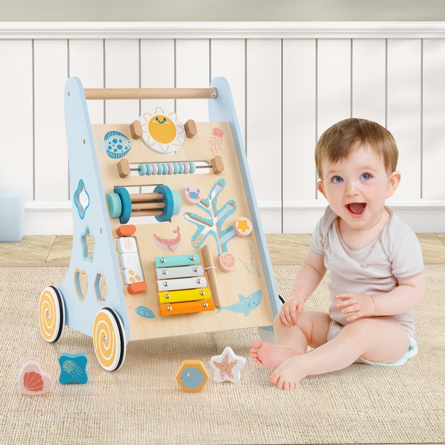Wooden Baby Walker Push and Pull Learning Activity Center - Blue
