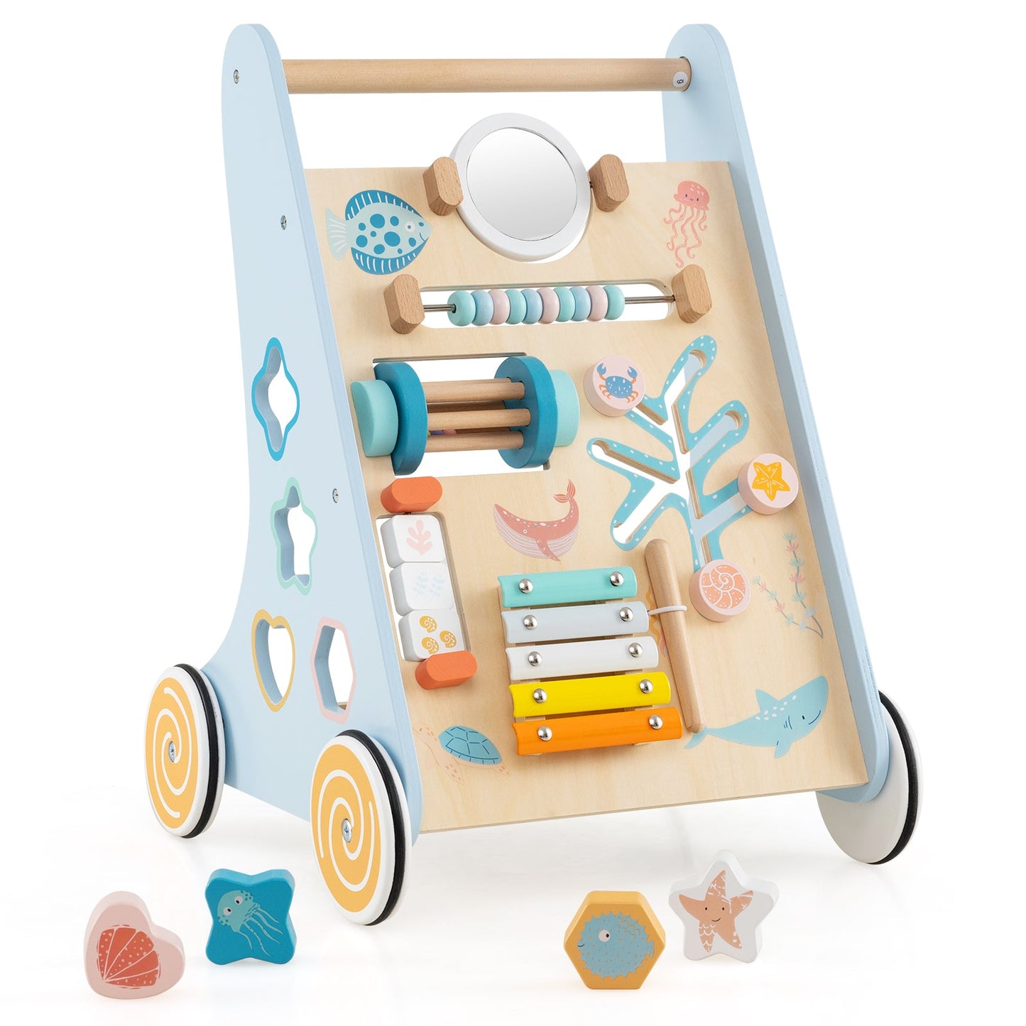 Wooden Baby Walker Push and Pull Learning Activity Center - Blue