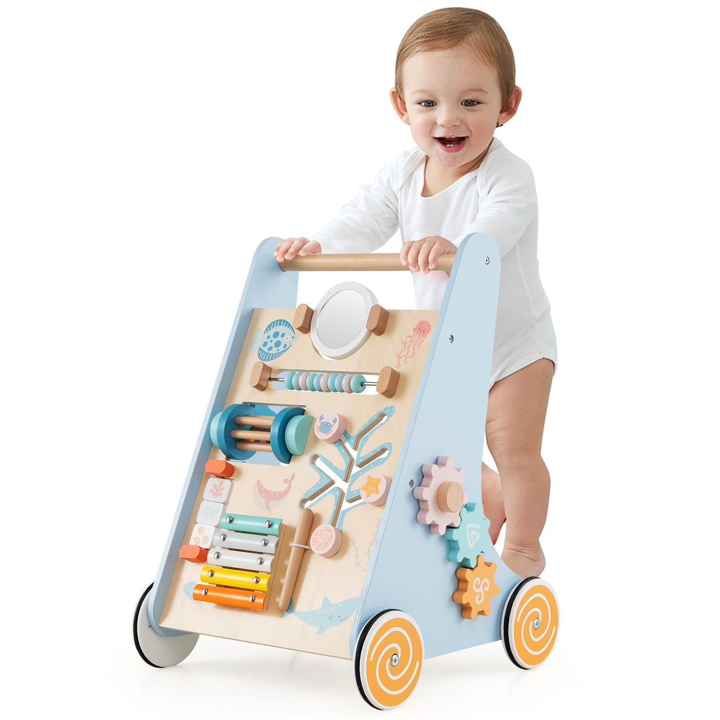 Wooden Baby Walker Push and Pull Learning Activity Center - Blue