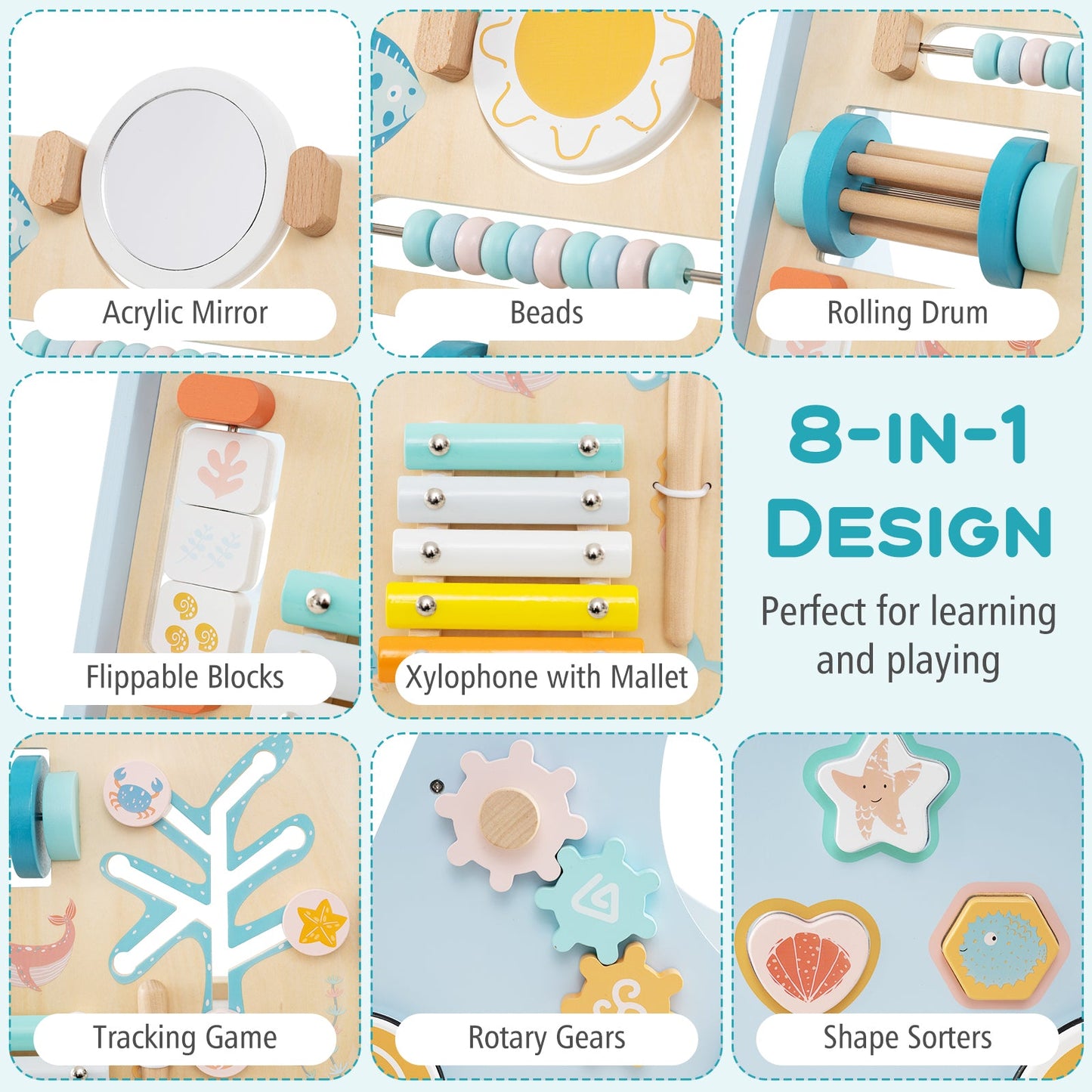 Wooden Baby Walker Push and Pull Learning Activity Center - Blue