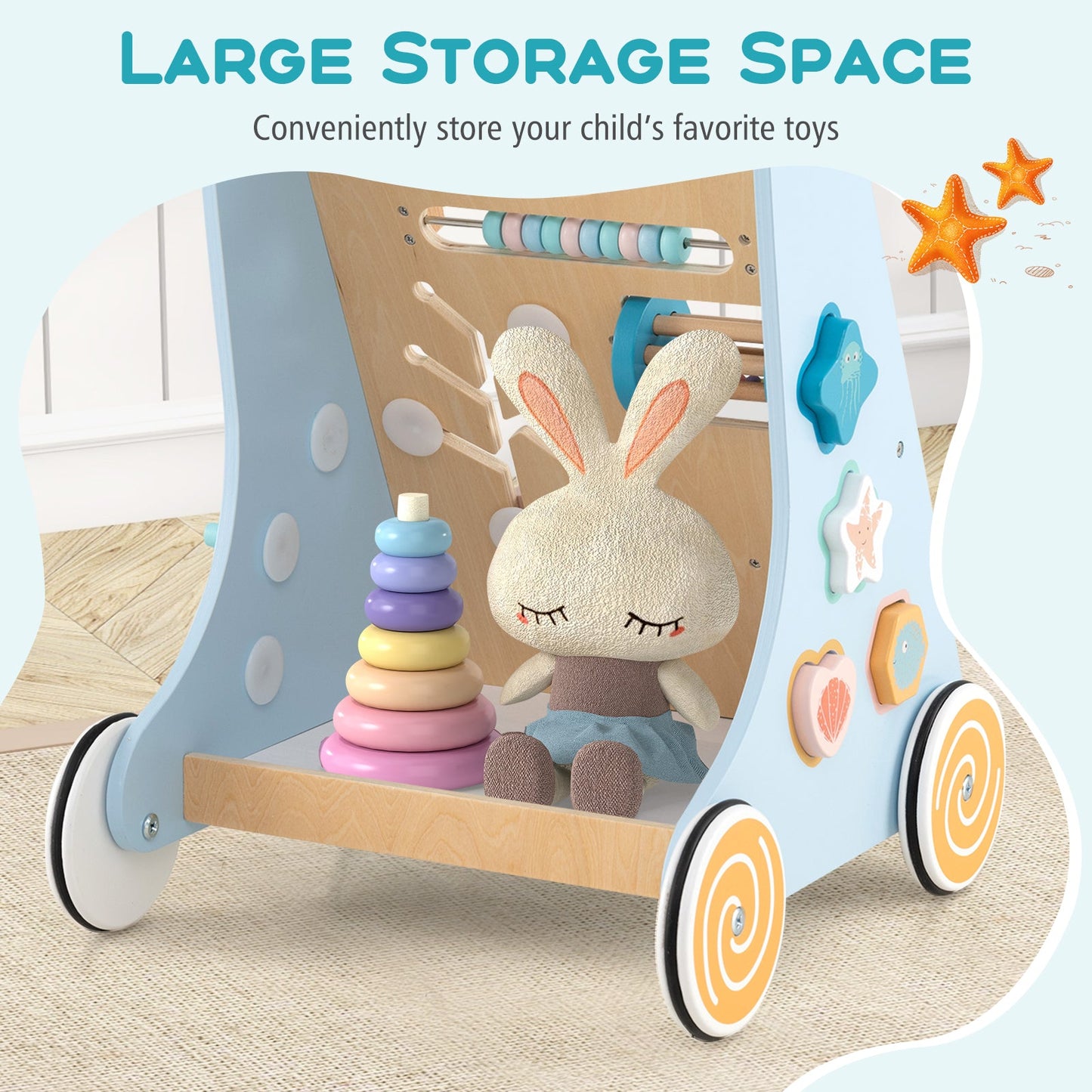 Wooden Baby Walker Push and Pull Learning Activity Center - Blue