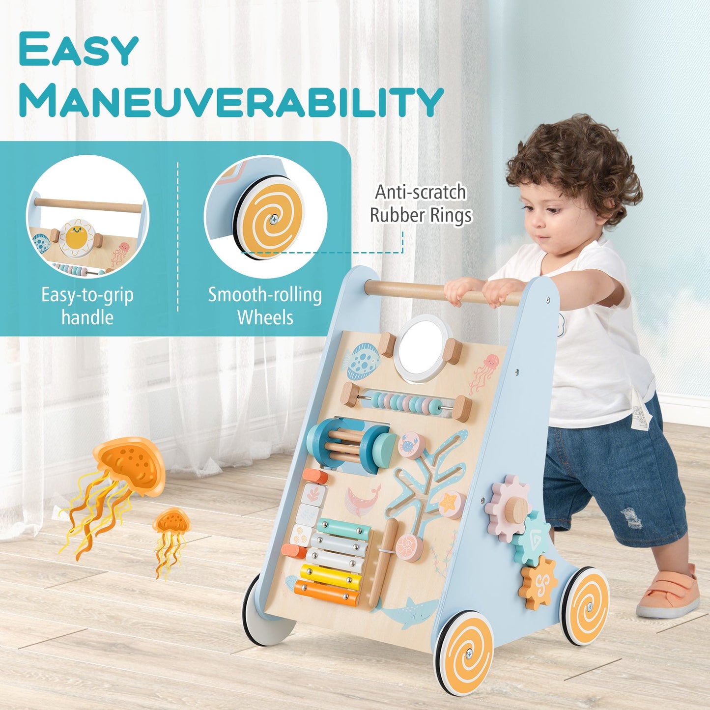 Wooden Baby Walker Push and Pull Learning Activity Center - Blue