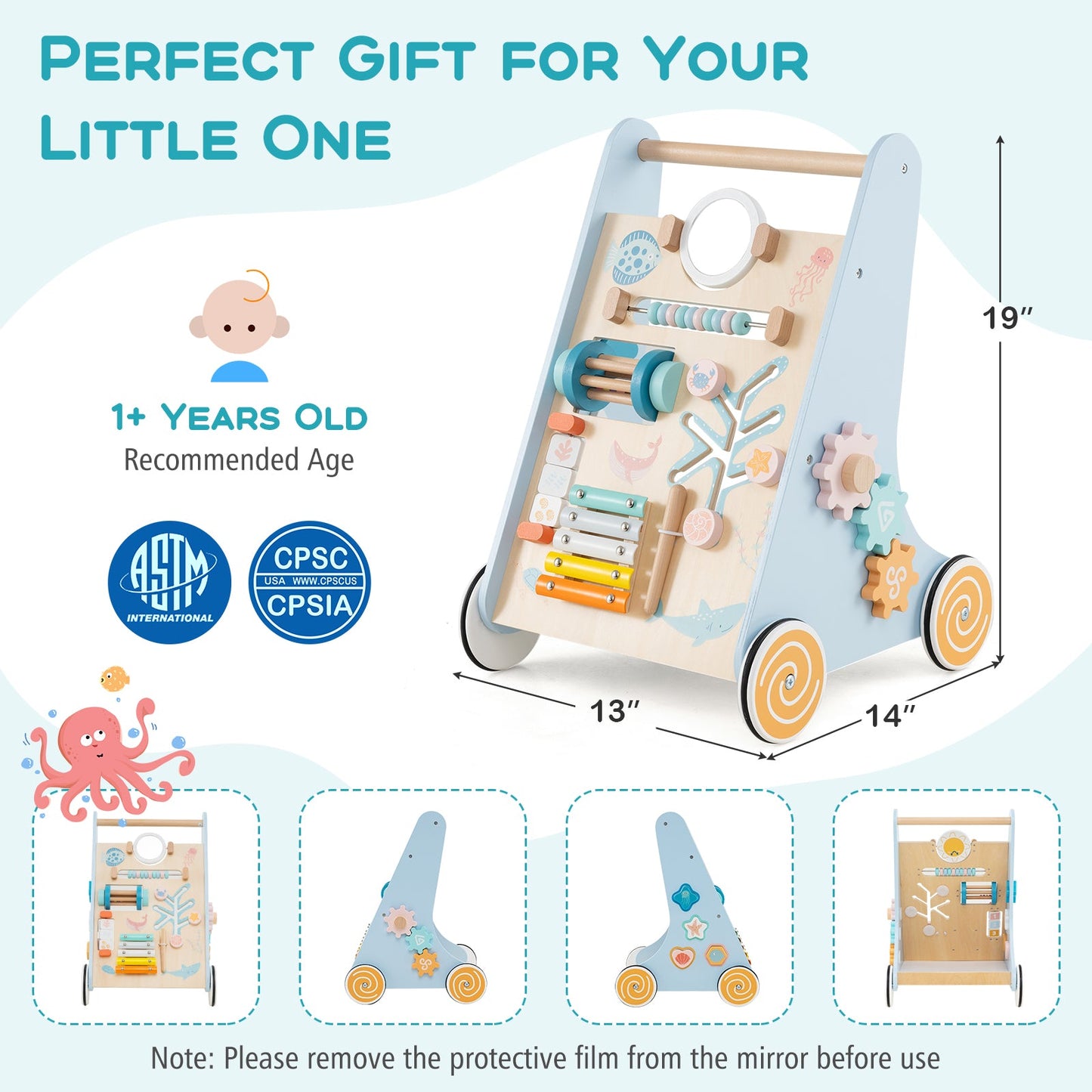Wooden Baby Walker Push and Pull Learning Activity Center - Blue