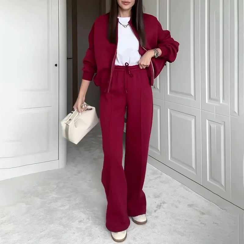 Conjunto de Suéter y Pantalones de Color Sólido con Cremallera BASIC para Mujeres