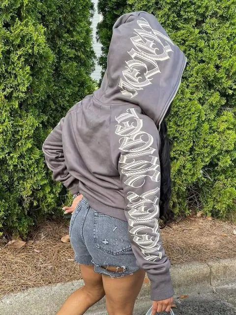 Haut à capuche zippé imprimé lettres pour femmes en hiver