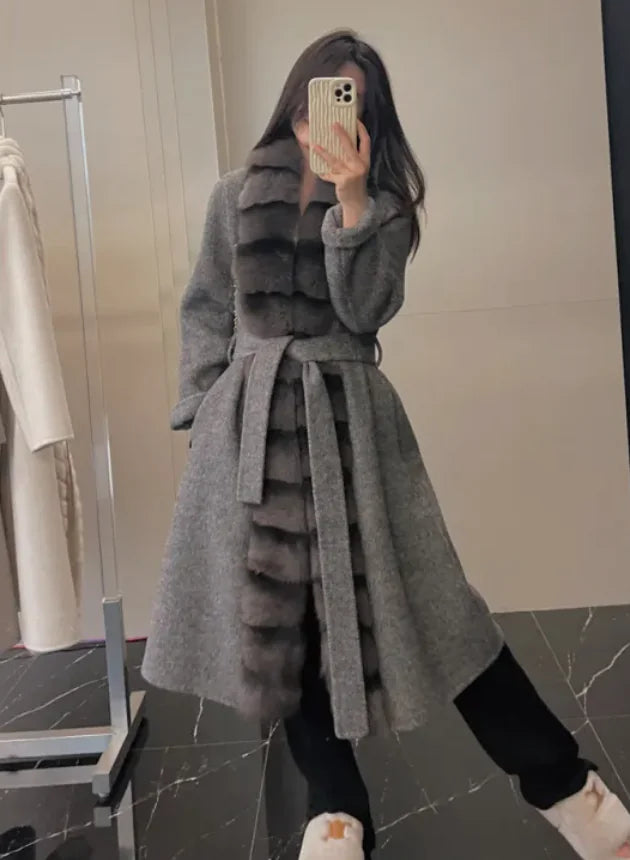 Abrigo de Fleece de Alpaca Lujo con Cuello de Piel de Zorro Desmontable